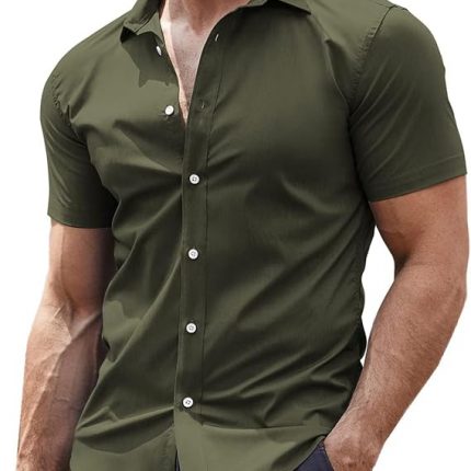 Men's Muscle Fit Dress Shirts Wrinkle-Free Short Sleeve Casual Button Down Shirt