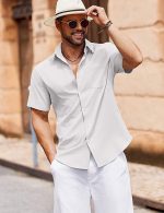 Men's Button Down Short Sleeve Shirt Casual Cotton Summer Beach Linen Wedding Shirts with Pocket - Image 3