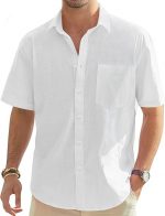 Men's Linen Short Sleeve Shirts Cotton Casual Lightweight Button Down Shirt Beach Vacation Summer Tops with Pocket