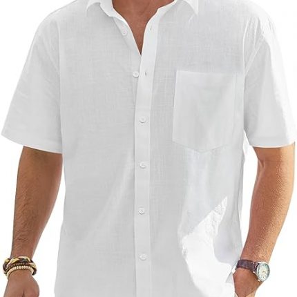 Men's Linen Short Sleeve Shirts Cotton Casual Lightweight Button Down Shirt Beach Vacation Summer Tops with Pocket