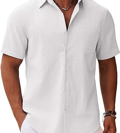 Men's Button Down Short Sleeve Shirt Casual Cotton Summer Beach Linen Wedding Shirts with Pocket