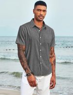 Men's Casual Button Down Shirts Short Sleeve Linen Shirts Summer Beach Dress Shirt - Image 3