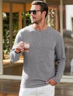 Men's Long Sleeve Shirts Casual Crewneck Pullover T-Shirt Stretch Textured Knit Tee with Pocket - Image 2