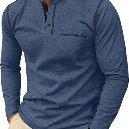 Men's Henley Shirts Long Sleeve Button T-Shirt Casual Stylish Cotton Pullover Shirt with Pocket