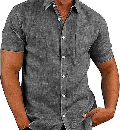 Men's Casual Button Down Shirts Short Sleeve Linen Shirts Summer Beach Dress Shirt