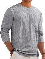 Men's Long Sleeve Shirts Casual Crewneck Pullover T-Shirt Stretch Textured Knit Tee with Pocket