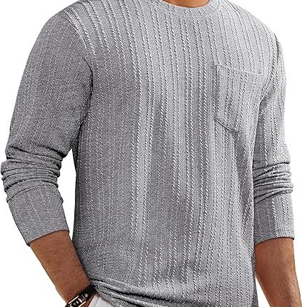 JMIERR Men's Long Sleeve Shirts Casual Crewneck Pullover T-Shirt Stretch Textured Knit Tee with Pocket