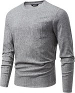 Men's Long Sleeve Shirts Casual Crewneck Pullover T-Shirt Stretch Textured Knit Tee with Pocket - Image 4