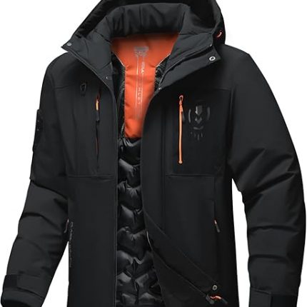 Men's Thermal Waterproof Windproof Jacket Hooded Insulated, Lightweight Winter Snow Coat with Multiple Pockets