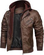 Men’s Casual Stand Collar PU Faux Leather Zip-Up Motorcycle Bomber Jacket With a Removable Hood - Image 2