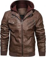 Men’s Casual Stand Collar PU Faux Leather Zip-Up Motorcycle Bomber Jacket With a Removable Hood - Image 3