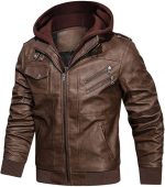 Men’s Casual Stand Collar PU Faux Leather Zip-Up Motorcycle Bomber Jacket With a Removable Hood