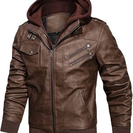 Men’s Casual Stand Collar PU Faux Leather Zip-Up Motorcycle Bomber Jacket With a Removable Hood
