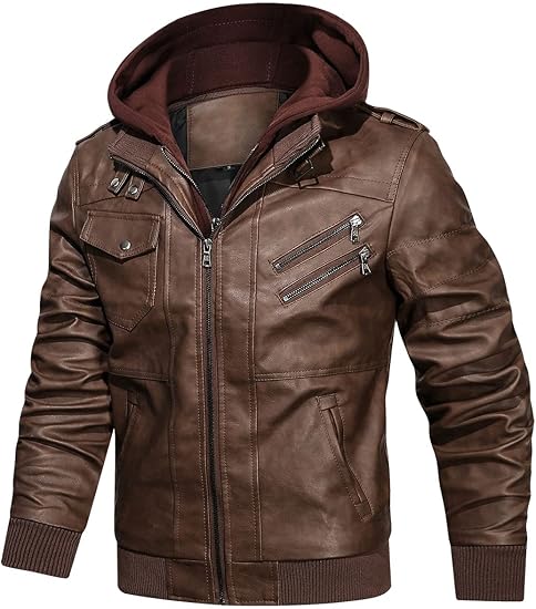 71cTe1dLhyS._AC_SY550_ Men’s Casual Stand Collar PU Faux Leather Zip-Up Motorcycle Bomber Jacket With a Removable Hood - Image 1