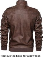 Men’s Casual Stand Collar PU Faux Leather Zip-Up Motorcycle Bomber Jacket With a Removable Hood - Image 4