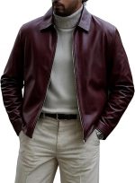 Classic Polo Collar Leather Jacket Men-Work Jackets Turndown Collar Business Casual