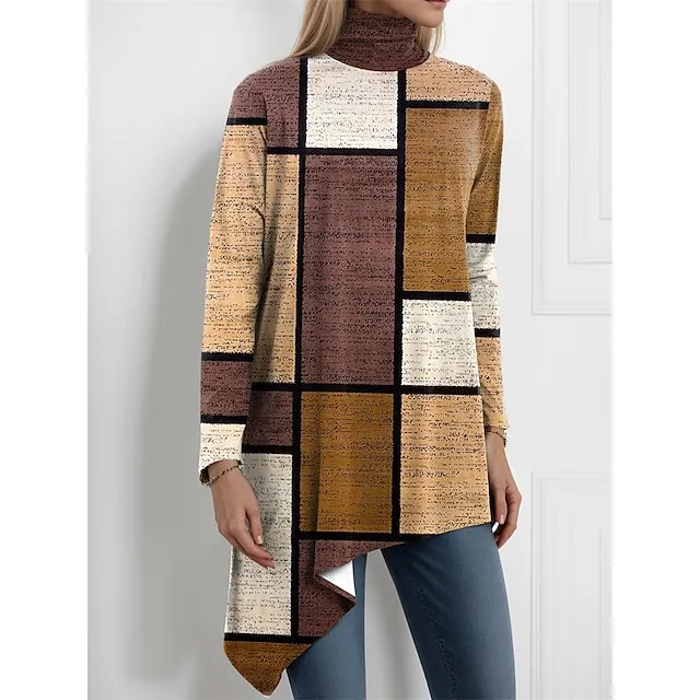 Women's Shirt Blouse Plaid Color Block Casual Holiday Pink Purple Green Print Asymmetric Hem Long Sleeve Fashion High Neck Regular Fit Spring & Fall