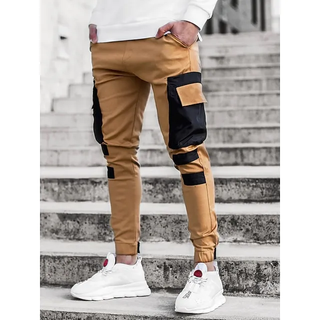 Men's Cargo Pants Cargo Trousers Trousers Patchwork Drawstring Elastic Waist Color Block Sports Outdoor Daily Wear Cotton Blend Streetwear Sporty Slim Black White