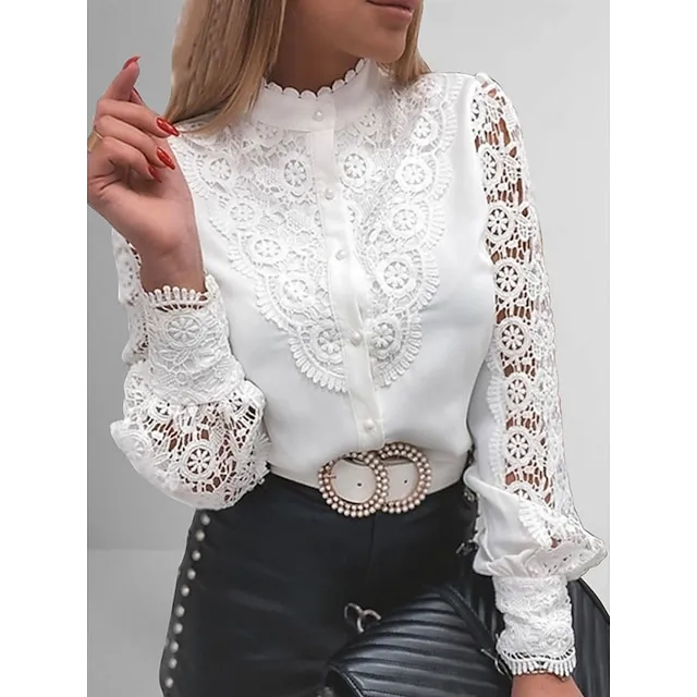 Women's Shirt Blouse Eyelet top White Eyelet Tops Picture color 1 Picture color 2 Picture color 3 Plain Lace Cut Out Long Sleeve Casual Daily Elegant Round Neck Regular S