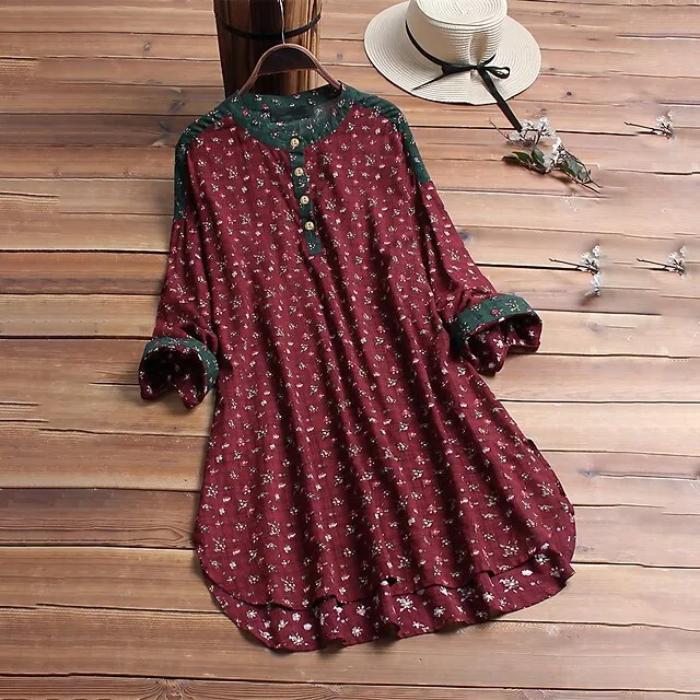 Women's Plus Size Shirt Blouse Cotton Floral Graphic Daily Vacation Weekend Red Blue Green Print Long Sleeve Holiday Casual Crew Neck Regular Fit Spring Fall Winter