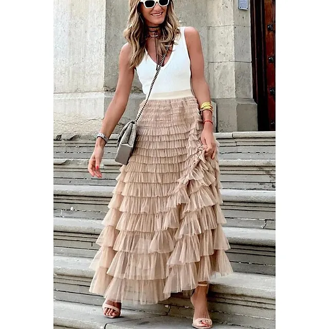 Women's Trumpet / Mermaid Long Skirt Maxi Polyester Tulle Black White Pink Khaki Skirts Spring & Summer Ruffle Tulle Summer Vacation Casual Daily M L XL