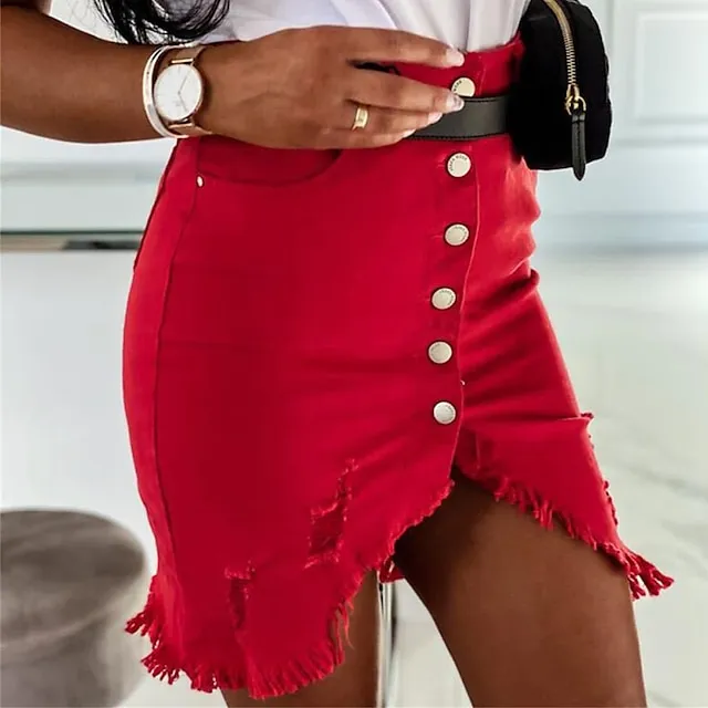 Women's Skirt Bodycon Denim Mini Skirt Black White Red Skirts Fall & Winter Tassel Fringe Pocket Ripped Fashion Casual Street Date M L XL