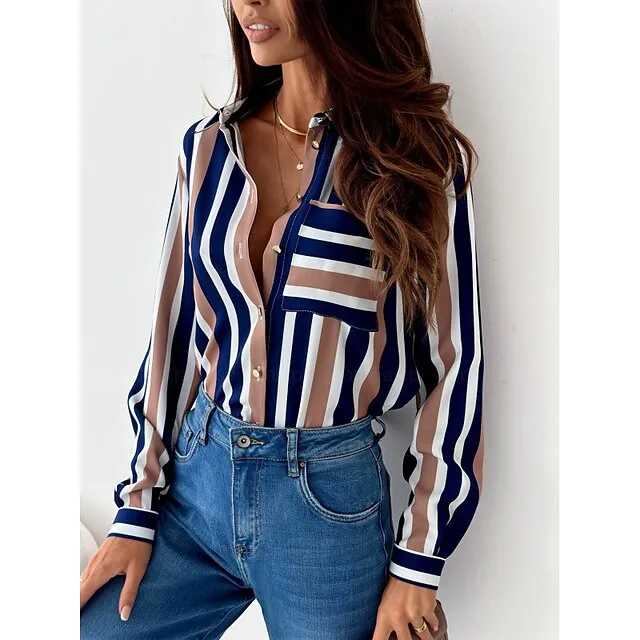 Women's Shirt Blouse Graphic Striped Work Red Royal Blue Blue Print Button Pocket Long Sleeve Fashion Shirt Collar Regular Fit Spring & Fall